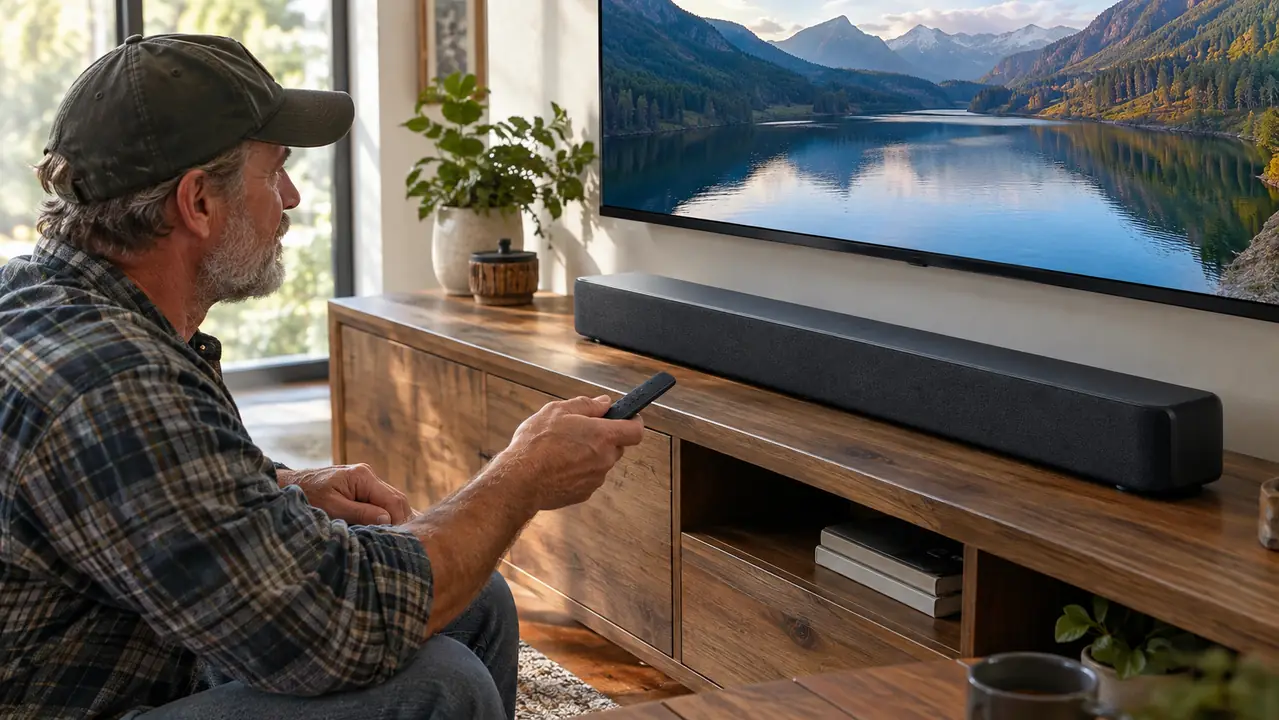 A close view of a soundbar sitting on a TV stand below a large television