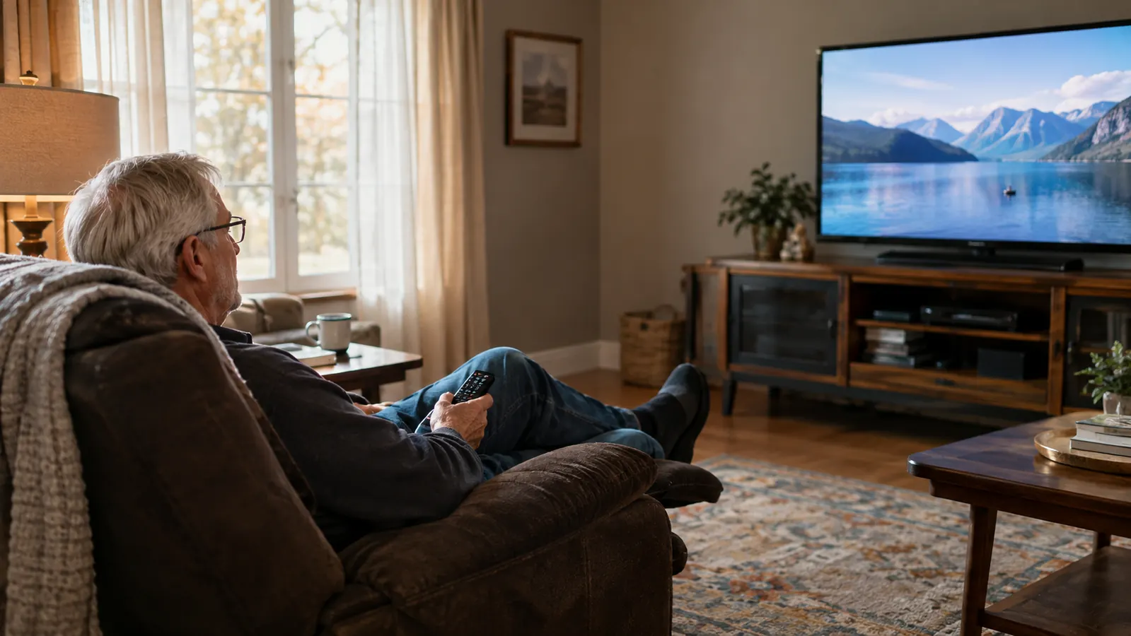A man in a recliner watching television in a modest living room