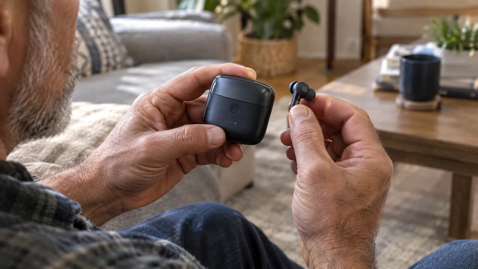 An older man's hand holding a small amplifier with an earbud cord, his other hand near his ear.