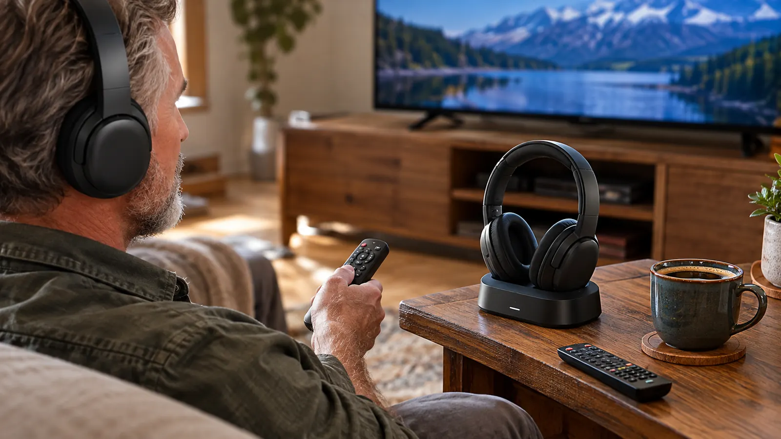 A wireless TV headset resting on its base station on a wooden side table beside a television remote.