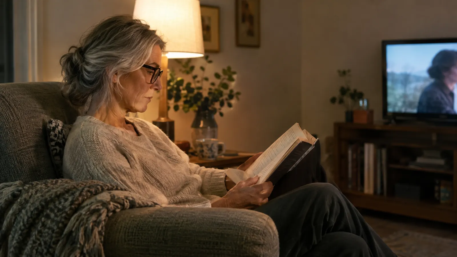 A woman reading a book in an armchair in a quiet living room while a television plays softly in the background.