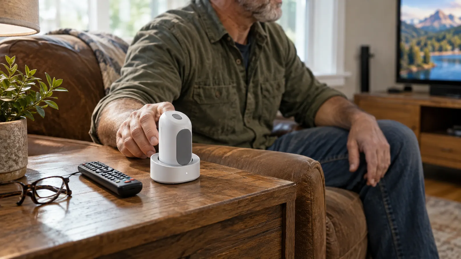 A hand placing wireless TV headphones on a charging base next to a television remote
