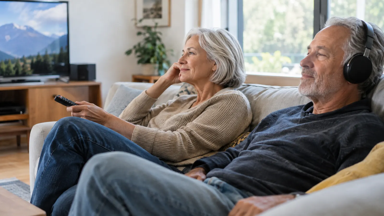 An older couple sitting together on a couch, the woman watching the television while the man listens with wireless headphones