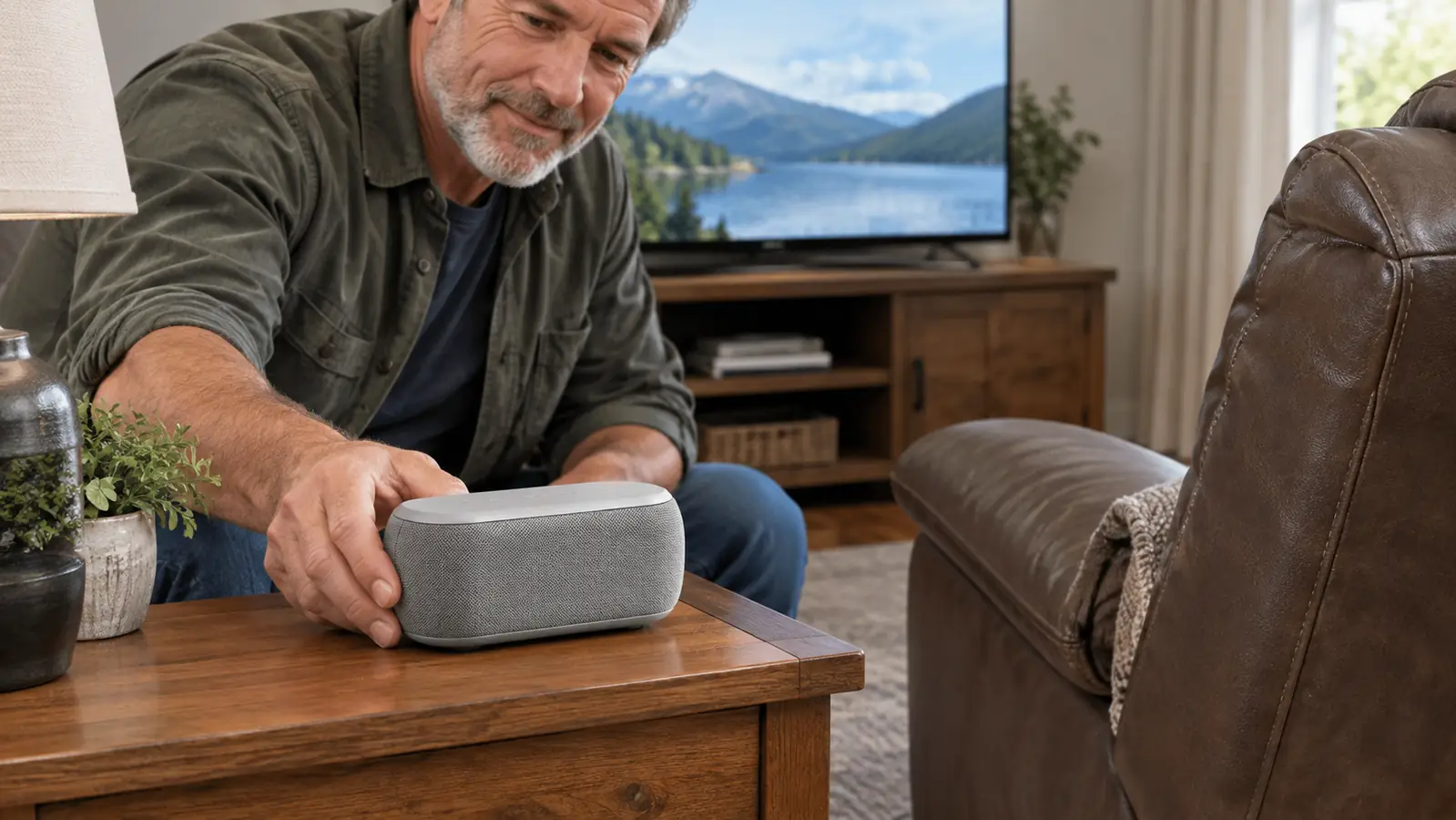 A hand placing a small wireless TV speaker on a side table next to a recliner