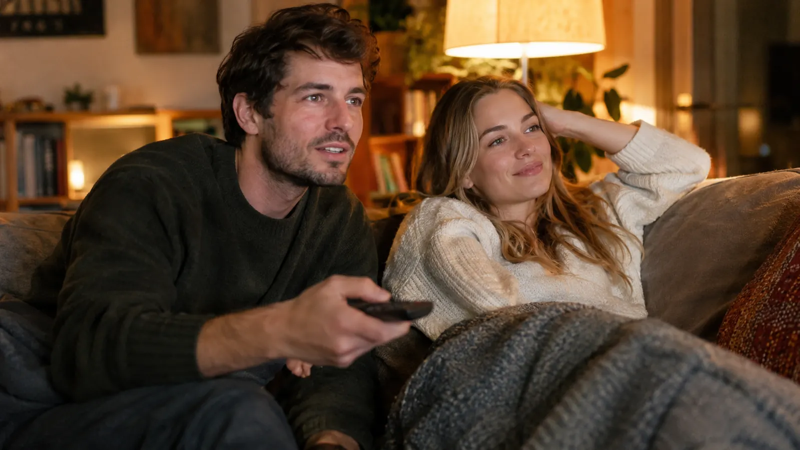 A couple sitting on a couch watching television, the woman relaxed, the man leaning slightly forward to hear