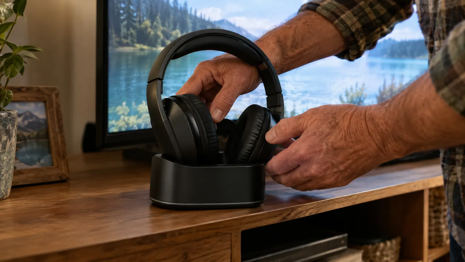 An older man placing wireless TV headphones on their base beneath the television.