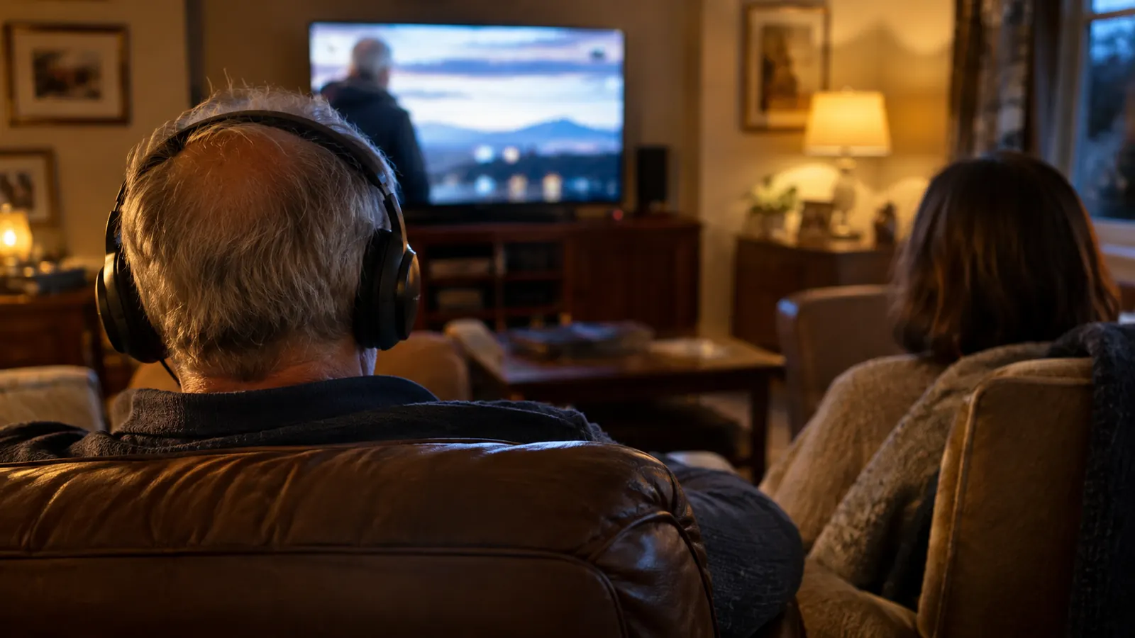 The back of an older man wearing wireless headphones as he watches television in the evening.