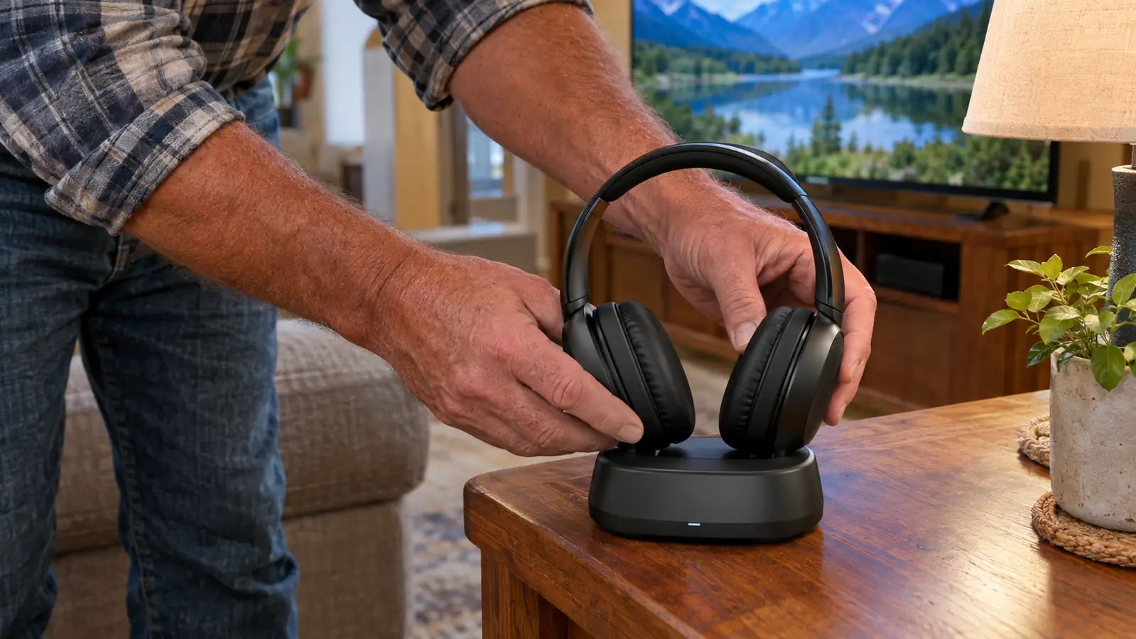 An older man's hands placing wireless TV headphones onto a small base unit on an end table beside a recliner