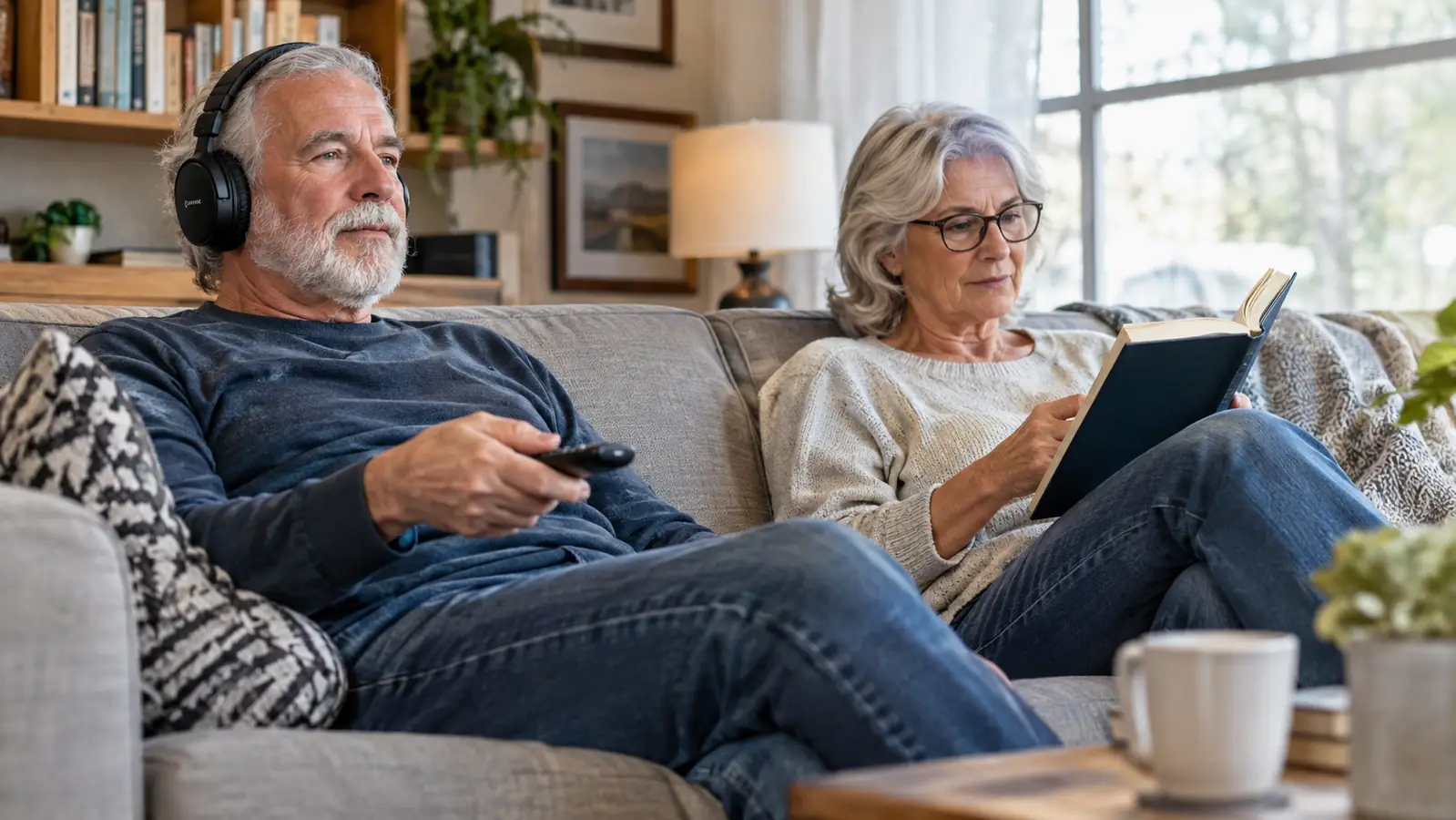 An older couple sitting together on a couch, one wearing wireless TV headphones, the other reading, with a television in the background
