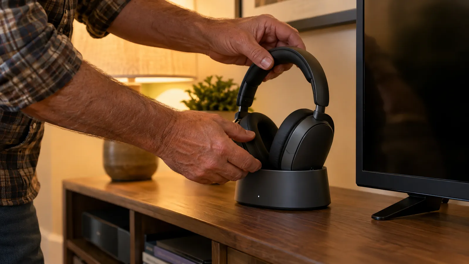 An older man's hands placing wireless headphones onto a charging base on a shelf near a TV
