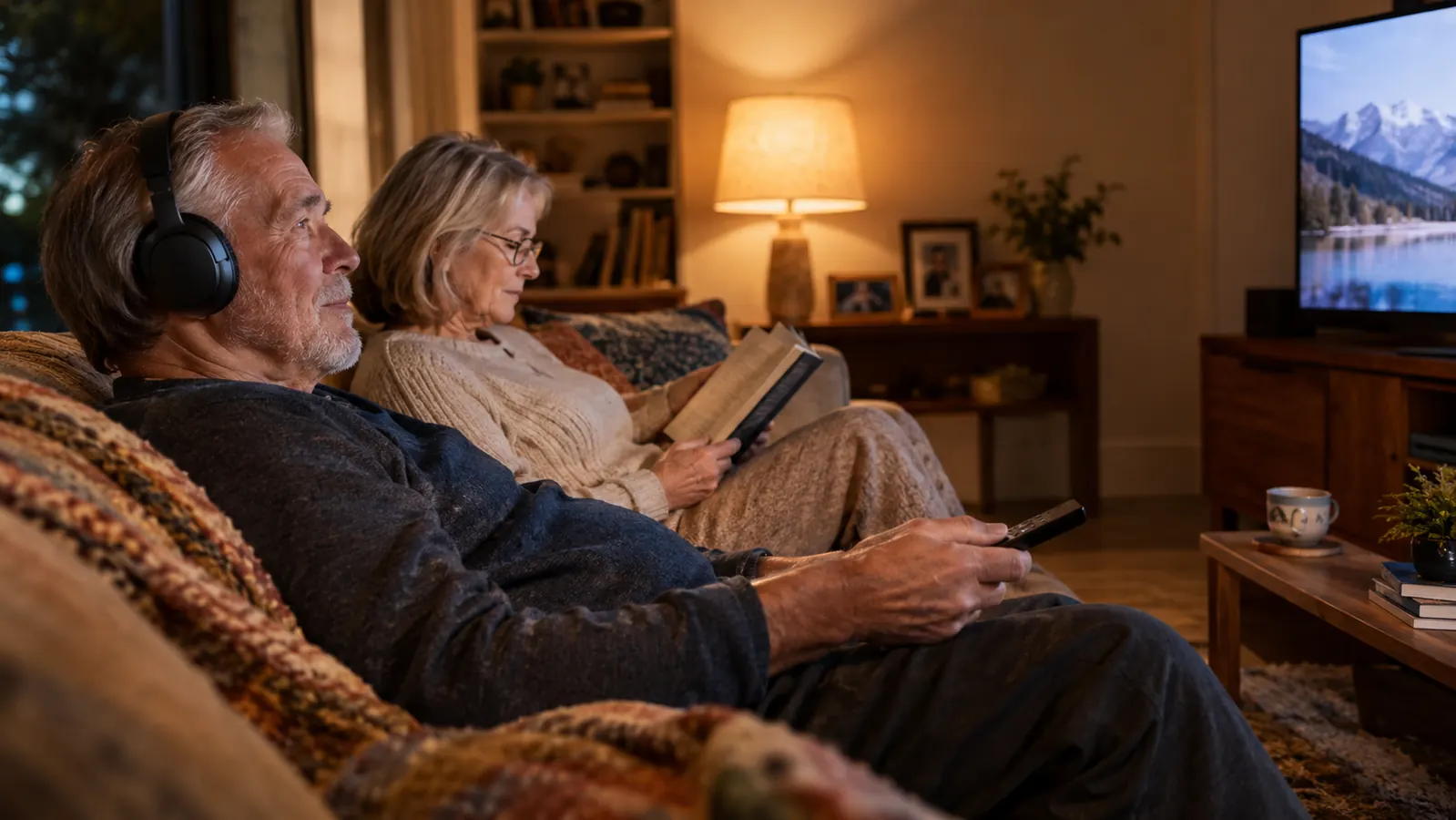 A couple in their late sixties sitting on a couch in the evening, the man wearing wireless headphones while the woman reads