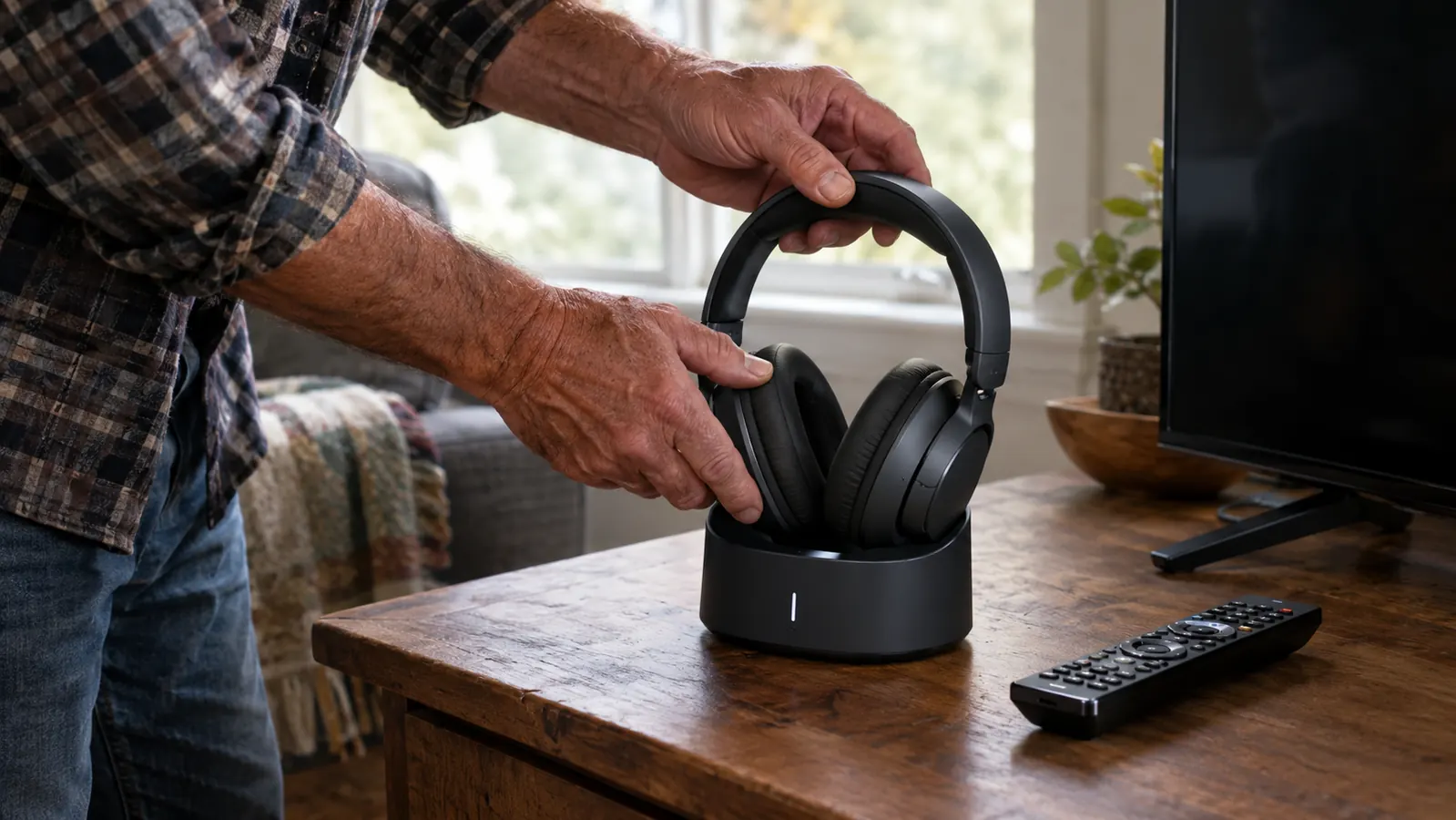 Hands placing a wireless headphone on its base station beside a TV remote on a wooden end table.
