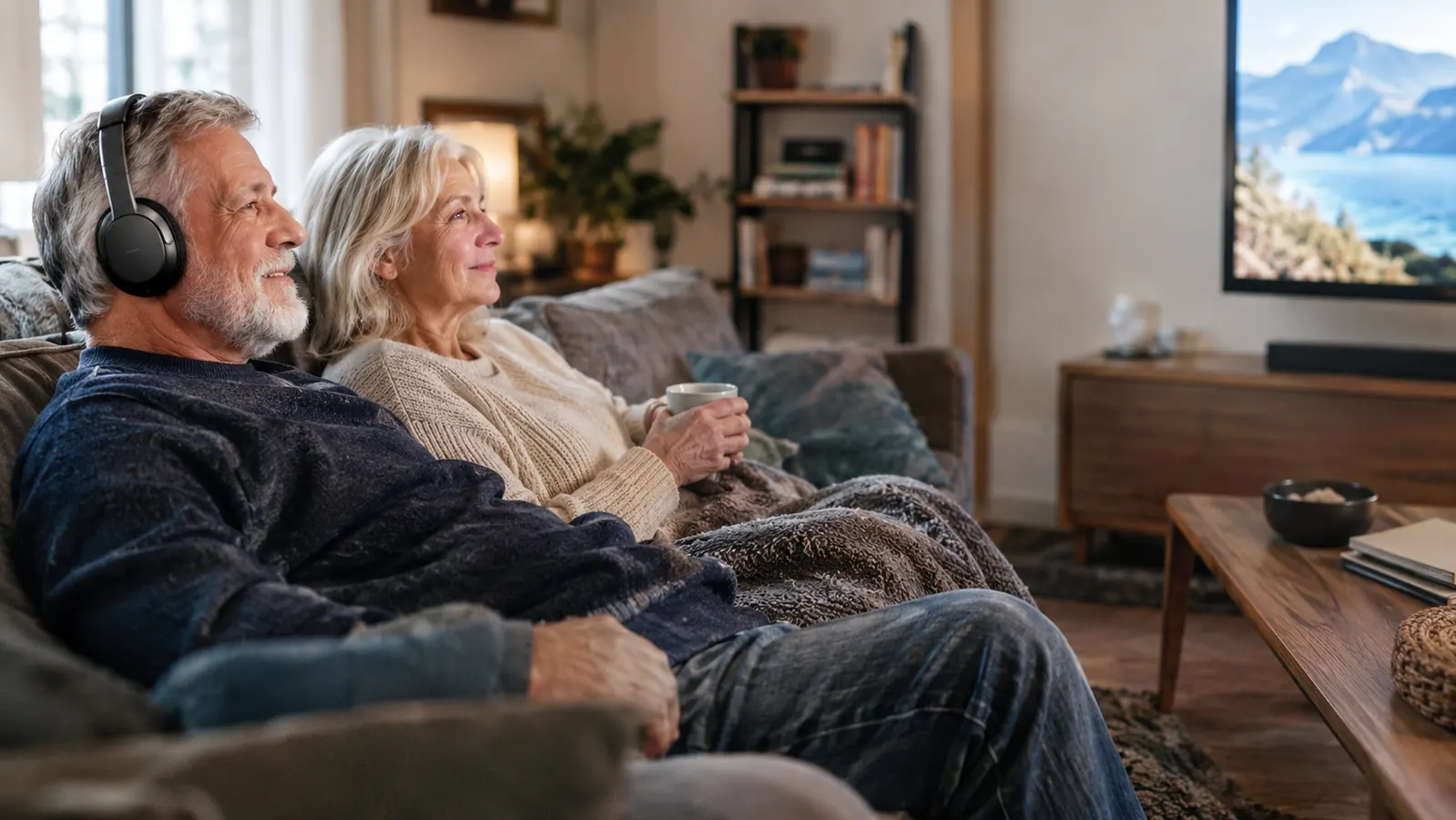 A couple sitting on a couch watching television, one wearing wireless headphones while the other listens without.