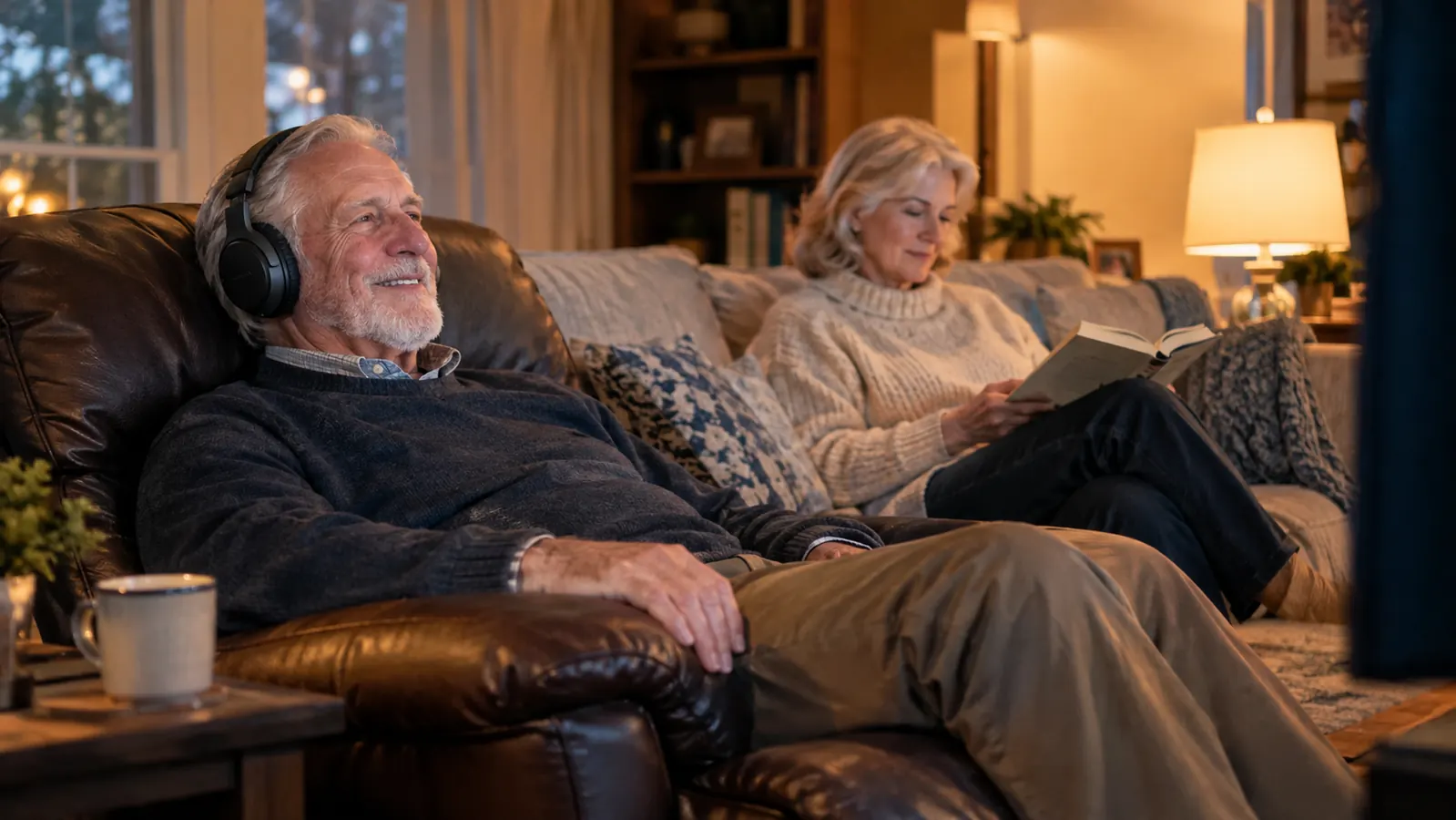 An older man in a recliner wearing wireless headphones, smiling at the TV while his wife reads beside him in a warm living room