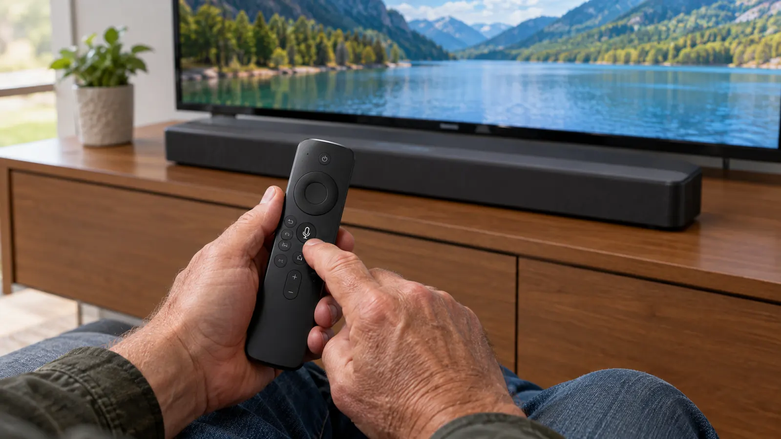 Hands holding a soundbar remote and pressing the voice button, TV screen visible in the background