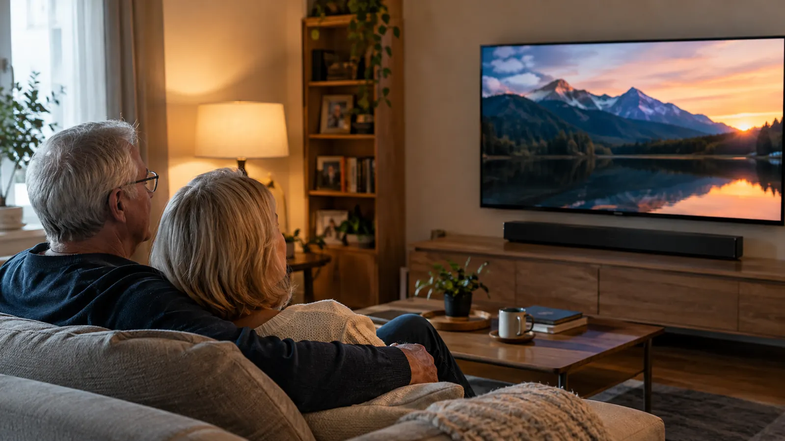 Couple in their sixties watching television together on a couch, soundbar visible below the screen