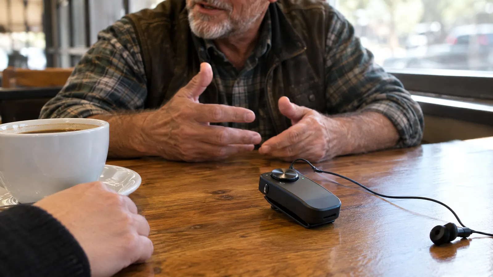 a personal sound amplifier with earbuds set on a restaurant table, its microphone pointed toward the person speaking