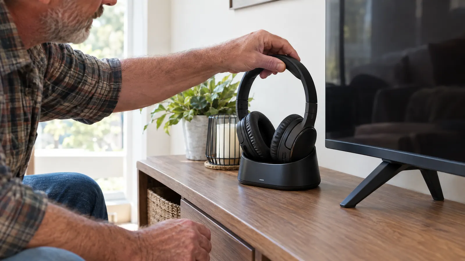 the Avantree Ensemble wireless TV headphones resting on their charging base beside the television console