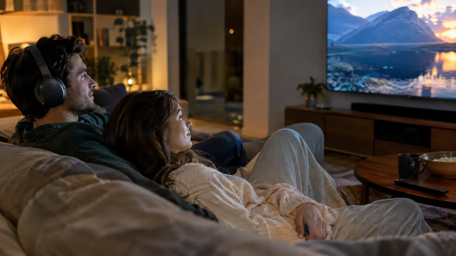 a couple sitting together on a couch watching television, the man wearing wireless headphones, the woman watching the same screen without headphones