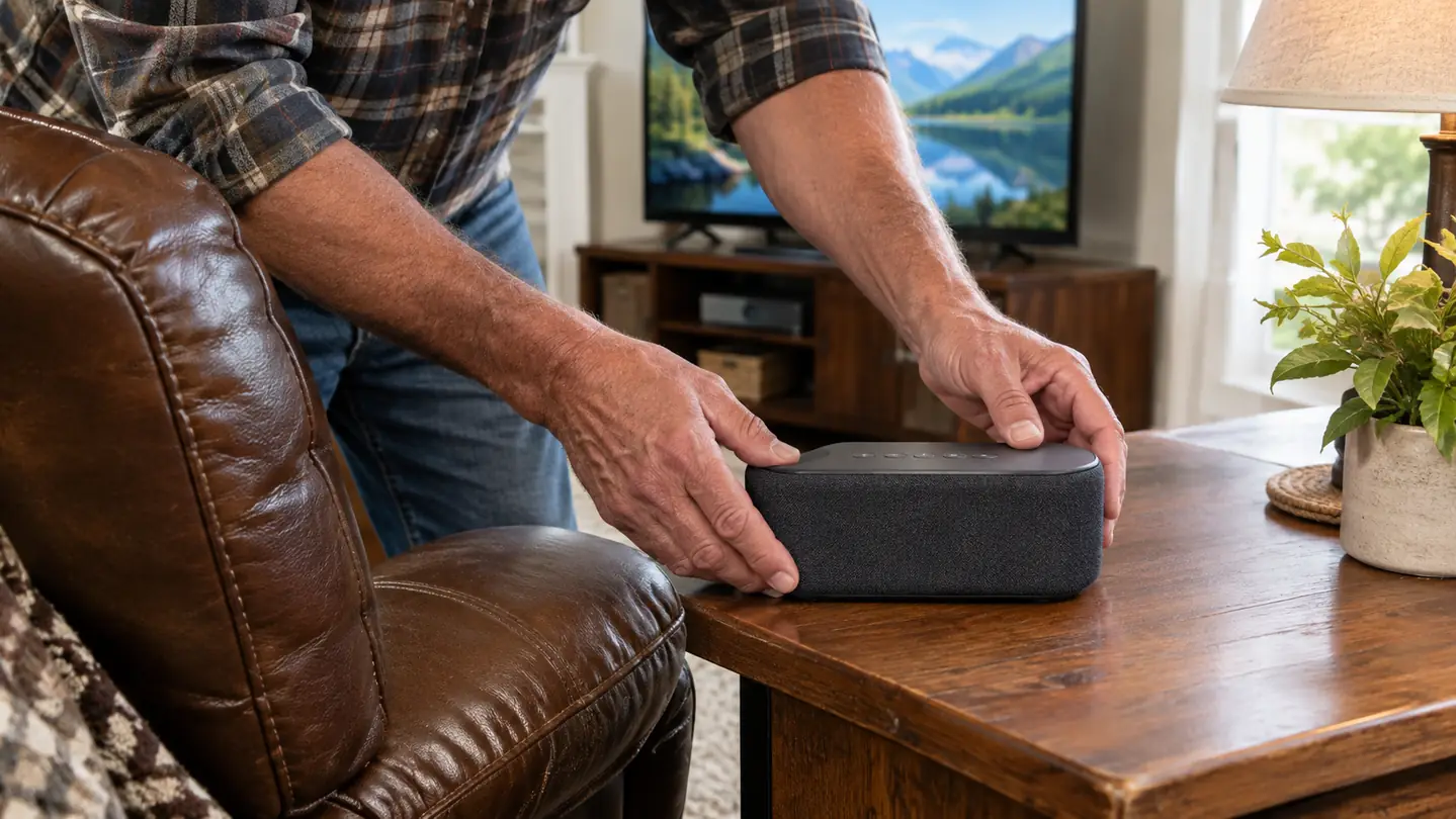 Hands placing a small wireless TV speaker on a side table next to a recliner, with a television visible in the background