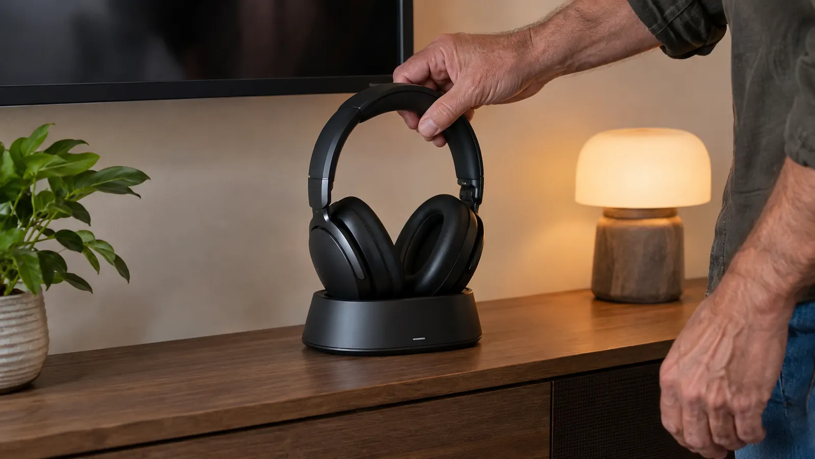 A hand placing a wireless headset onto its base station on a shelf under a TV.