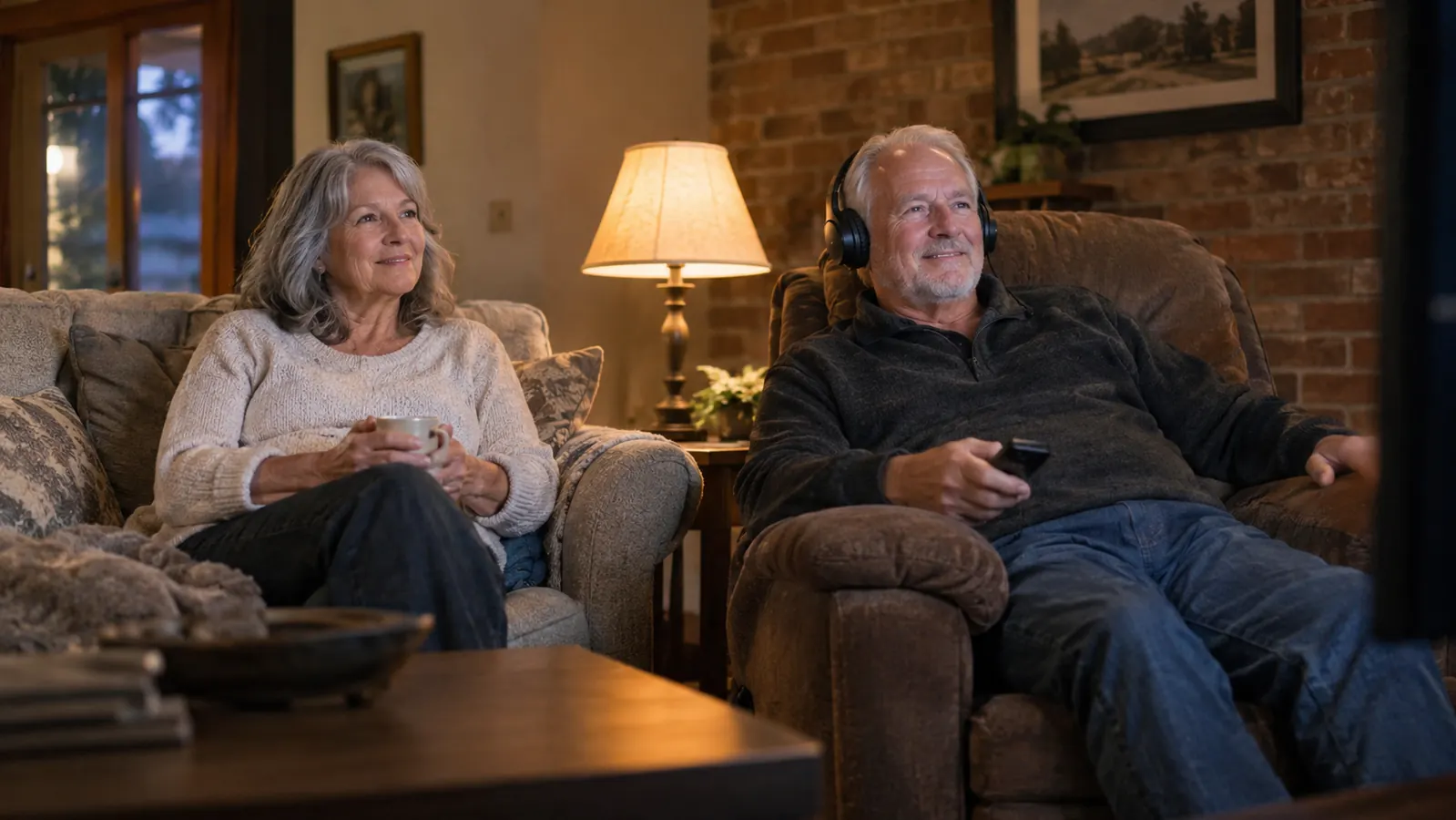 A couple in their sixties watching television together in a living room, the man wearing a headset in a recliner and the woman relaxed on the couch.