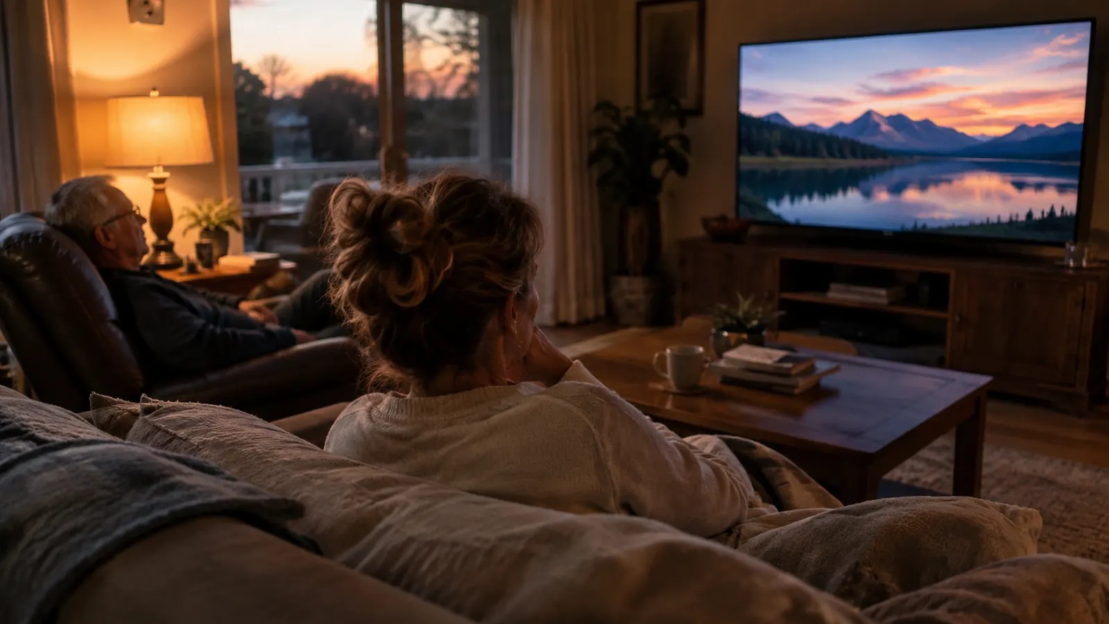 An older man in a recliner watching television while his wife sits on the couch nearby, both relaxed, living room with a large screen