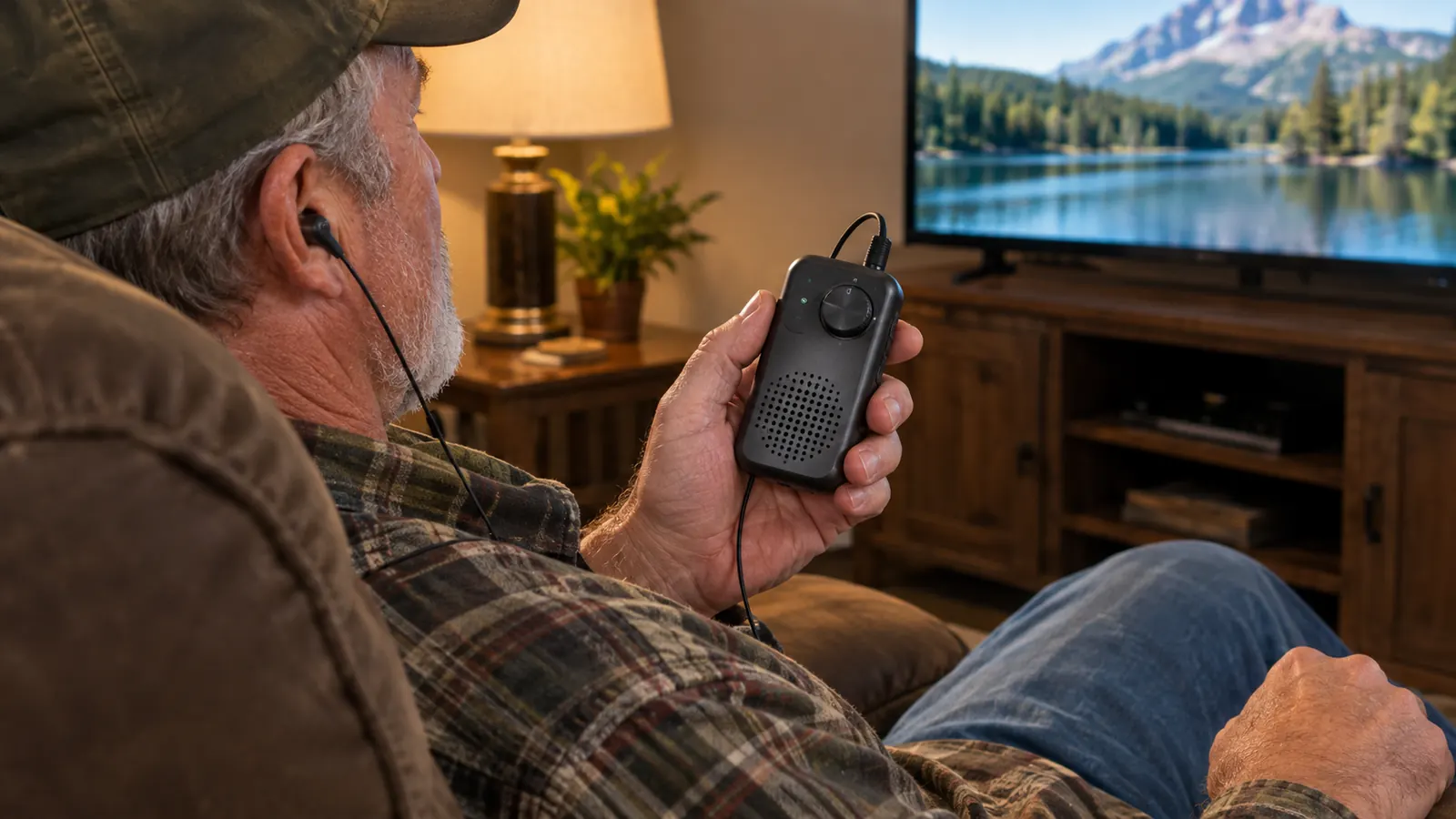 An older man's hand holding the amplifier near his ear while he sits in a recliner facing a television.