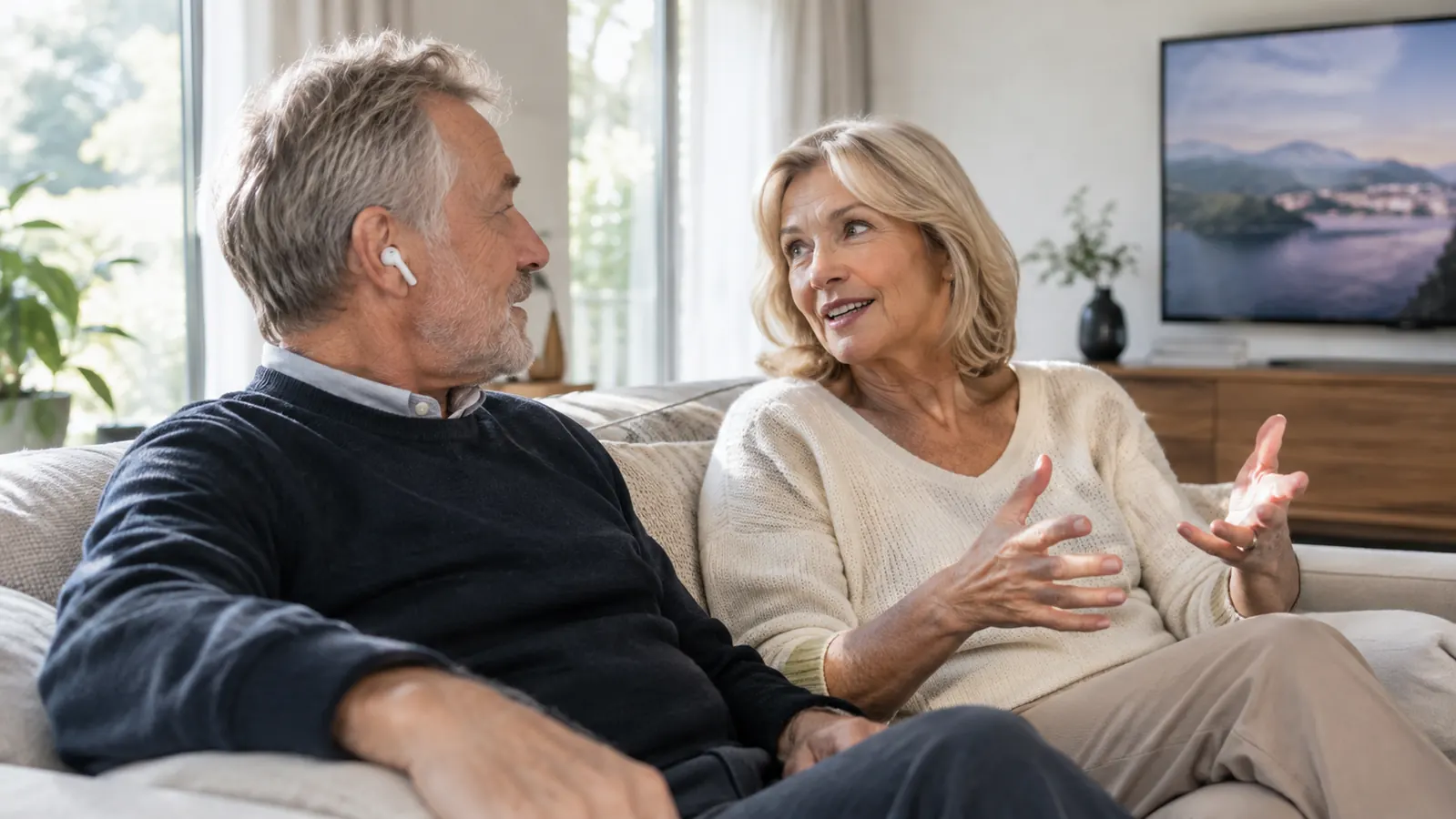 An older couple sitting together on a couch in a living room, the man wearing a single earbud while the woman talks to him.