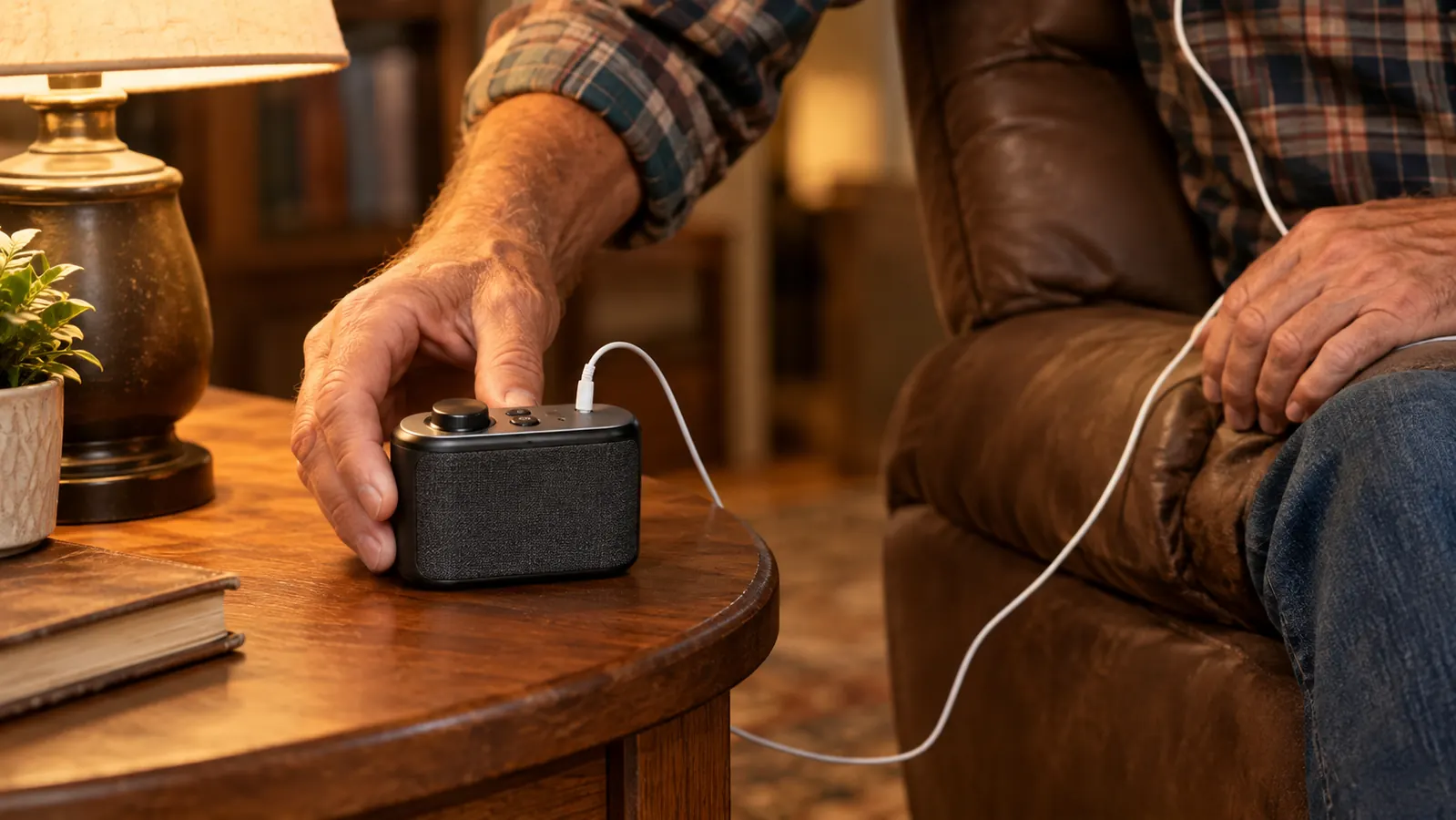 A close view of an older man's hand placing an amplifier on a wooden end table beside a recliner.