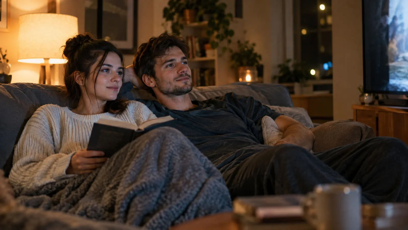 A couple sitting together on a couch watching television in the evening in a cozy living room.