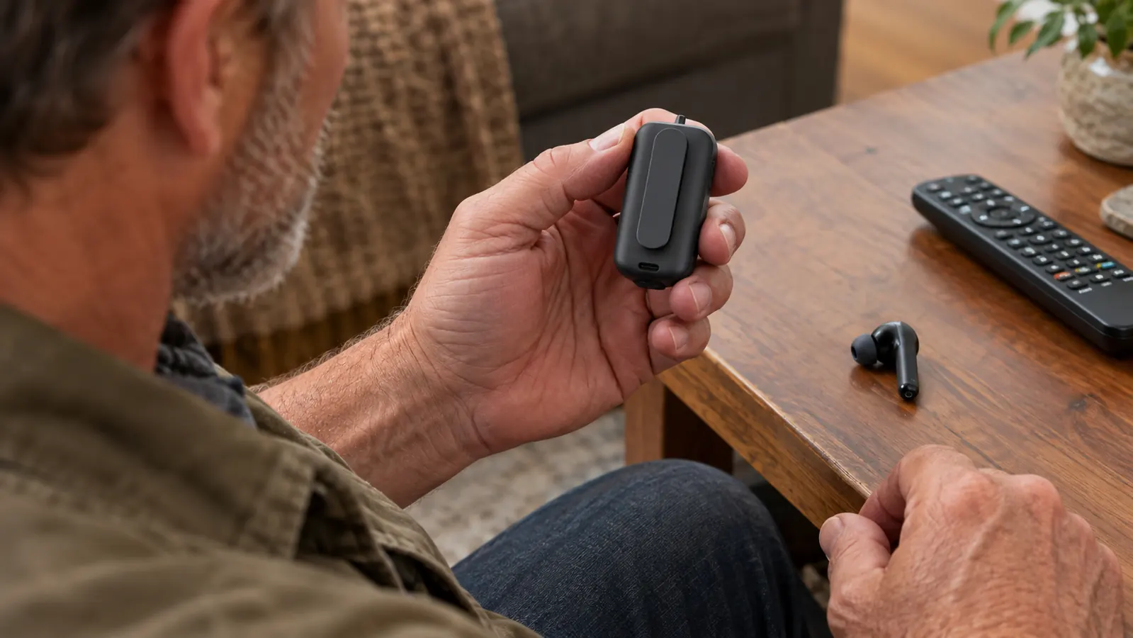A hand holding a small personal sound amplifier with a clip and an earbud attached, beside a television remote on a side table