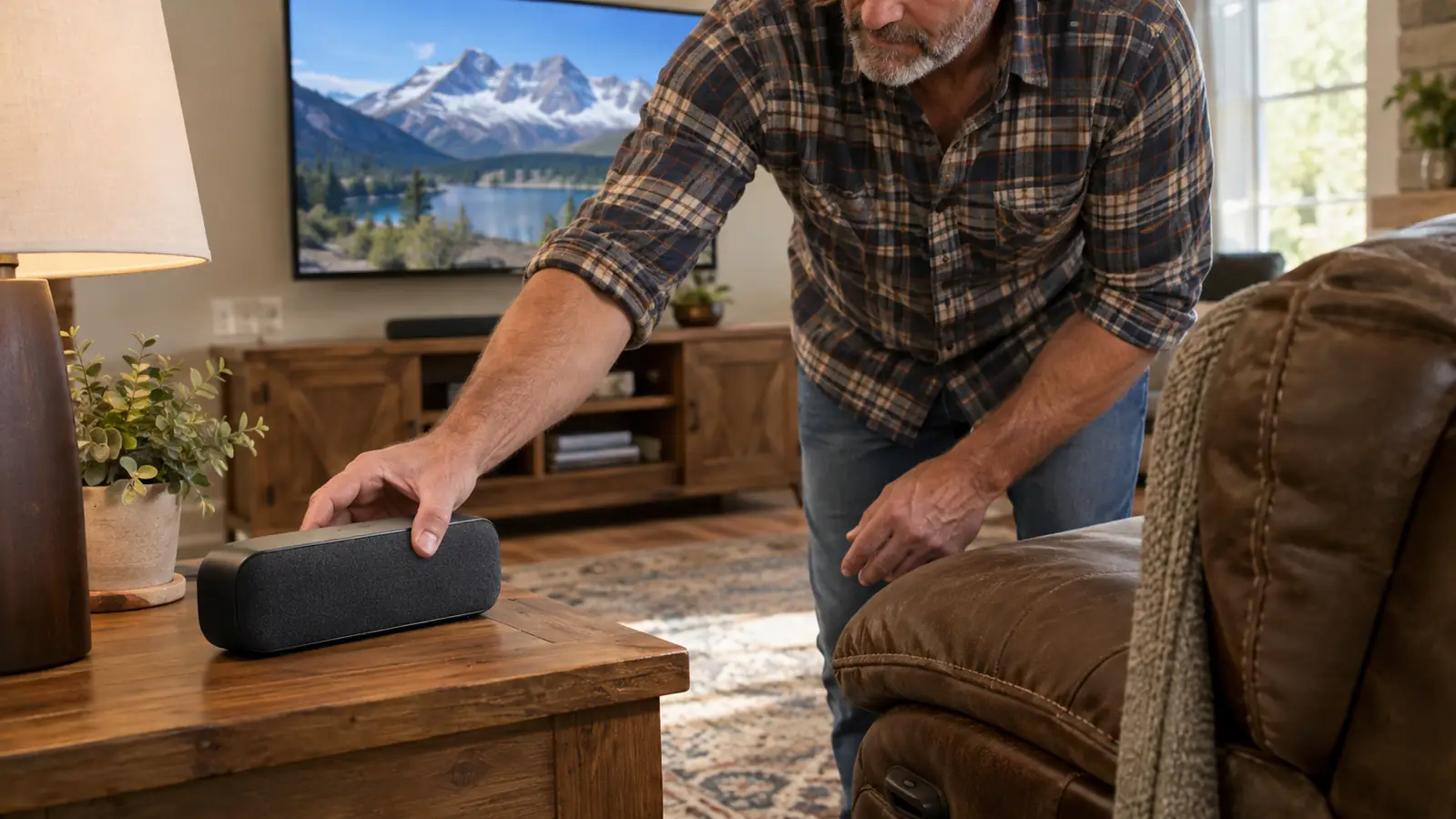A hand setting a compact wireless TV speaker on a side table next to a recliner