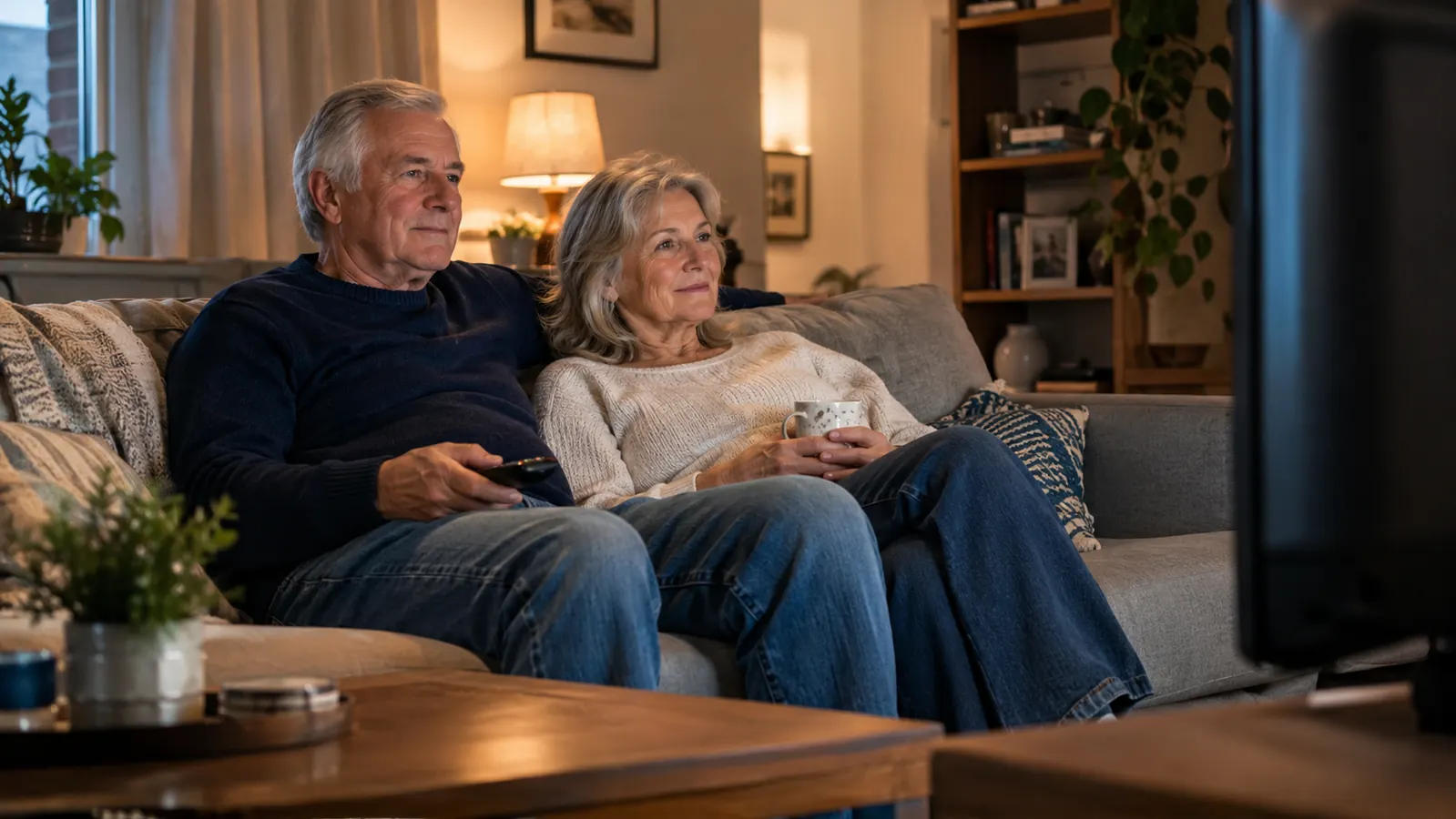 A couple relaxing on a couch watching television, the room quiet and peaceful