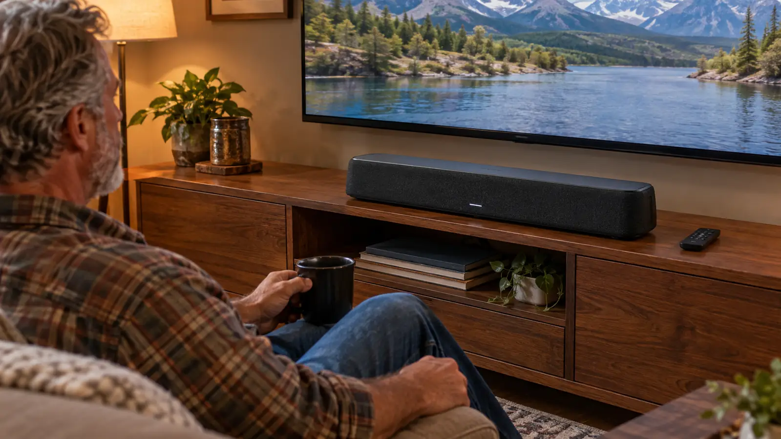 A wireless TV speaker sitting on a media console beneath a television in a living room, with a small remote nearby