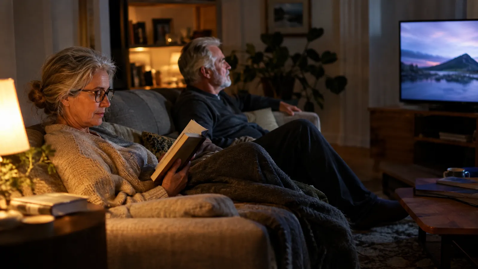 An older couple sitting together on a couch watching television in a softly lit living room in the evening