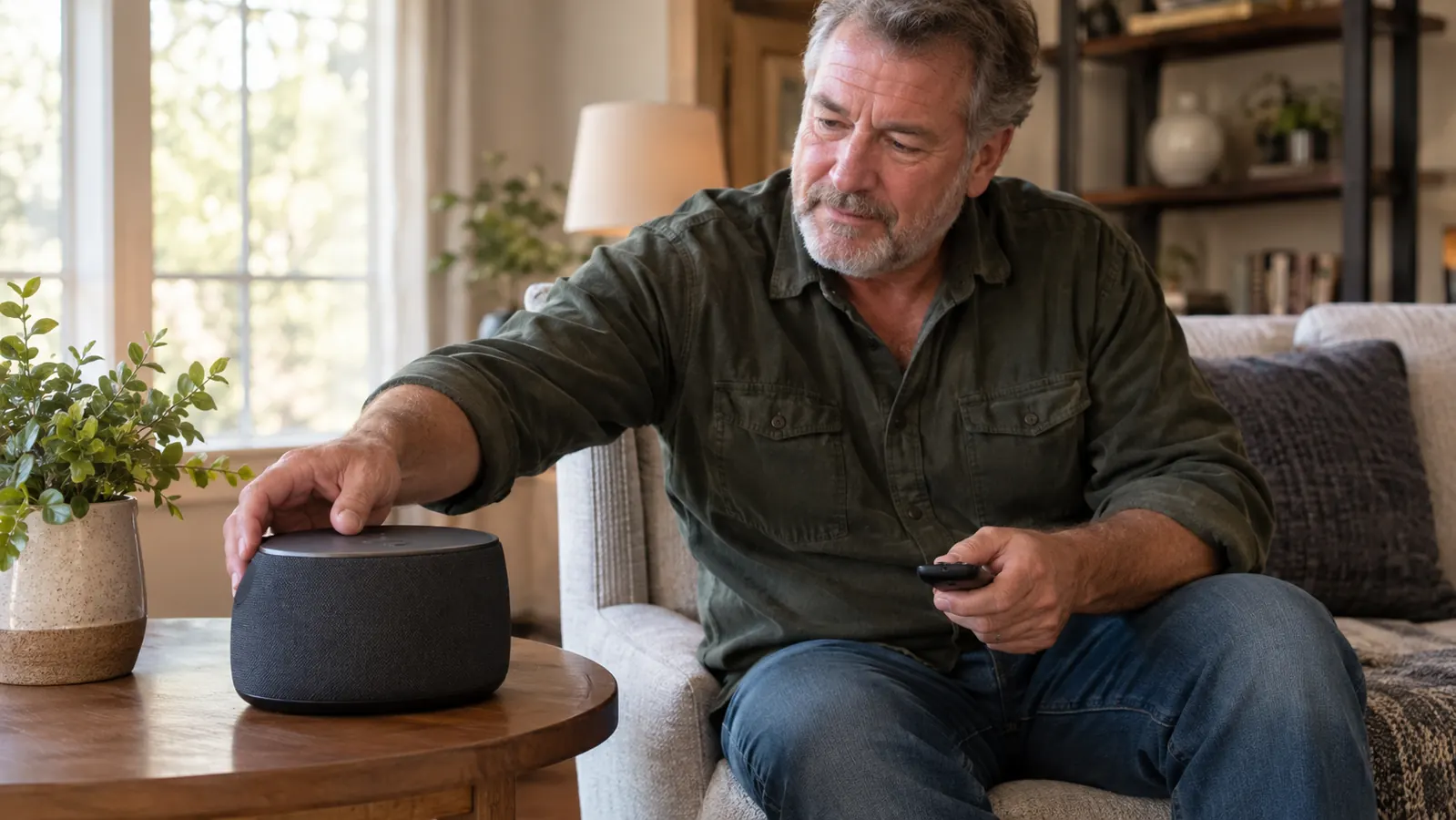 A person placing a compact wireless TV speaker on a table near a couch, remote control in hand