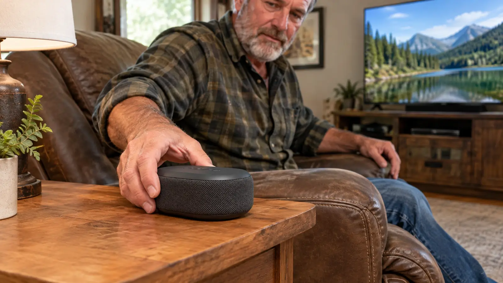 Hand placing a small wireless TV speaker on a side table next to a recliner