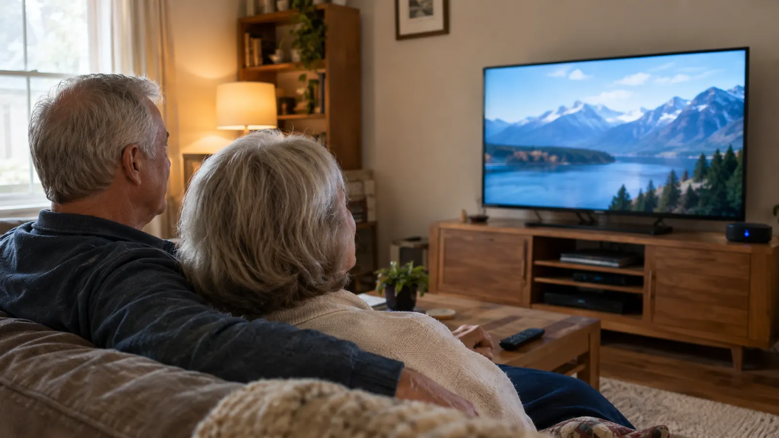 Couple sitting on a couch watching television together in a living room