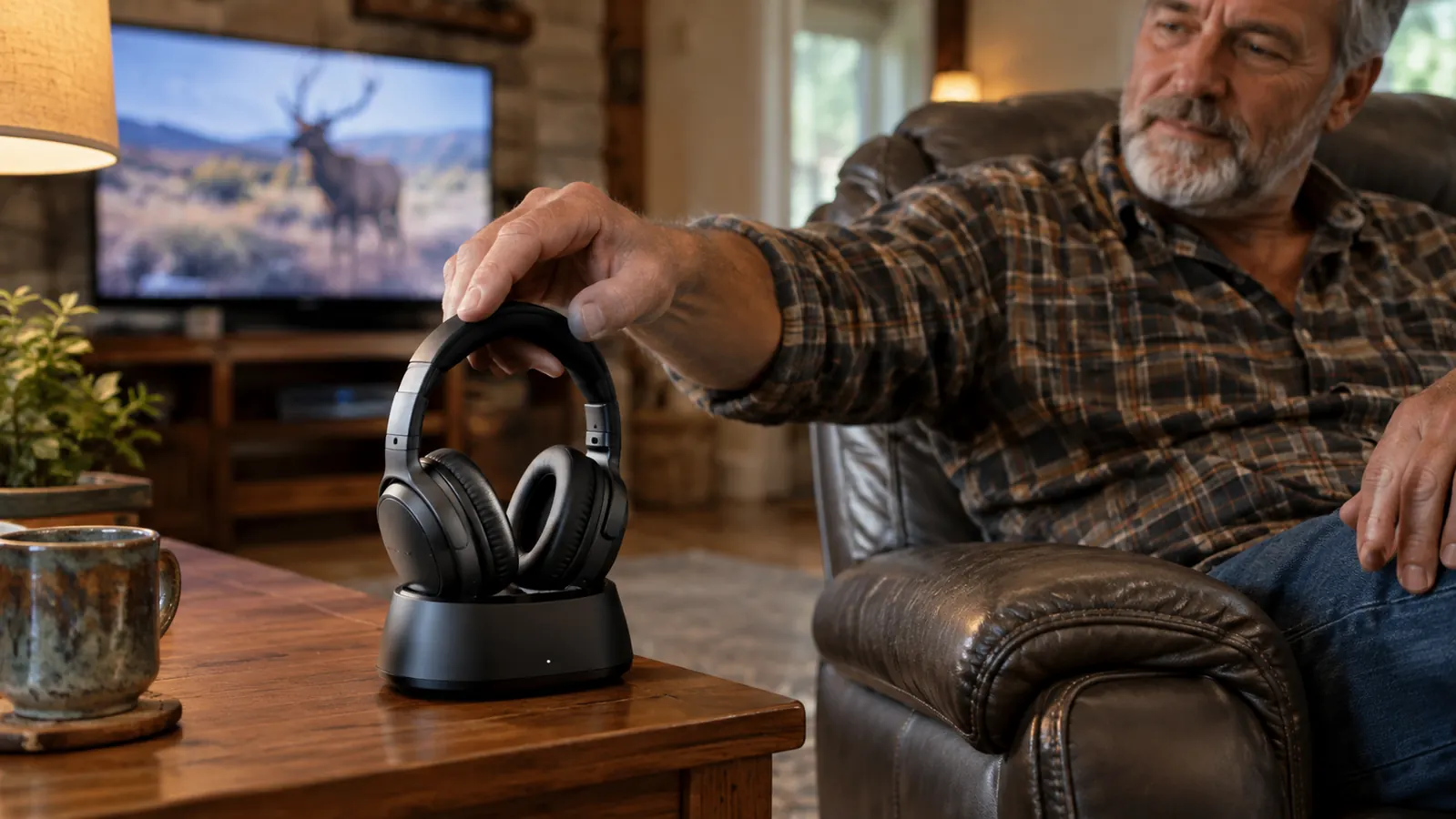 A person's hand placing a wireless TV headset on a charging base on a living room end table
