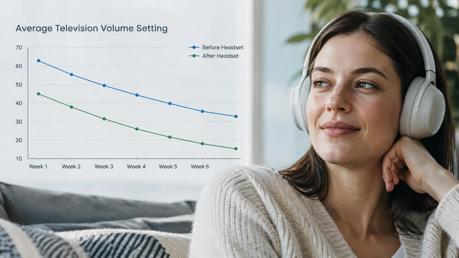 A simple line chart showing TV volume level over several weeks, trending downward after the headset was introduced