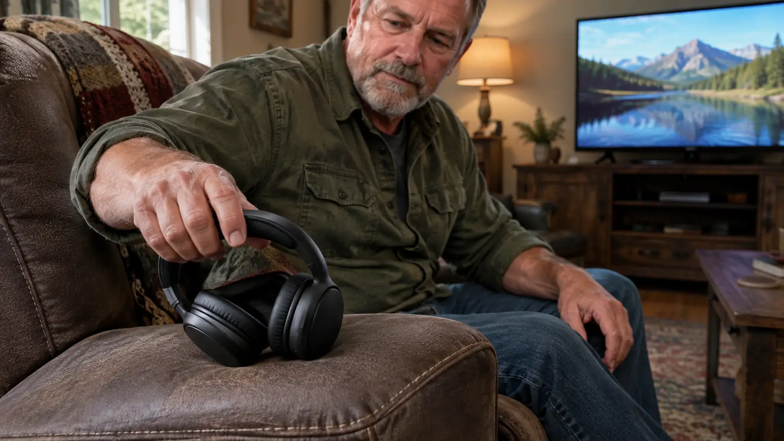 An older man's hands picking up a wireless headset from the arm of a recliner in a living room