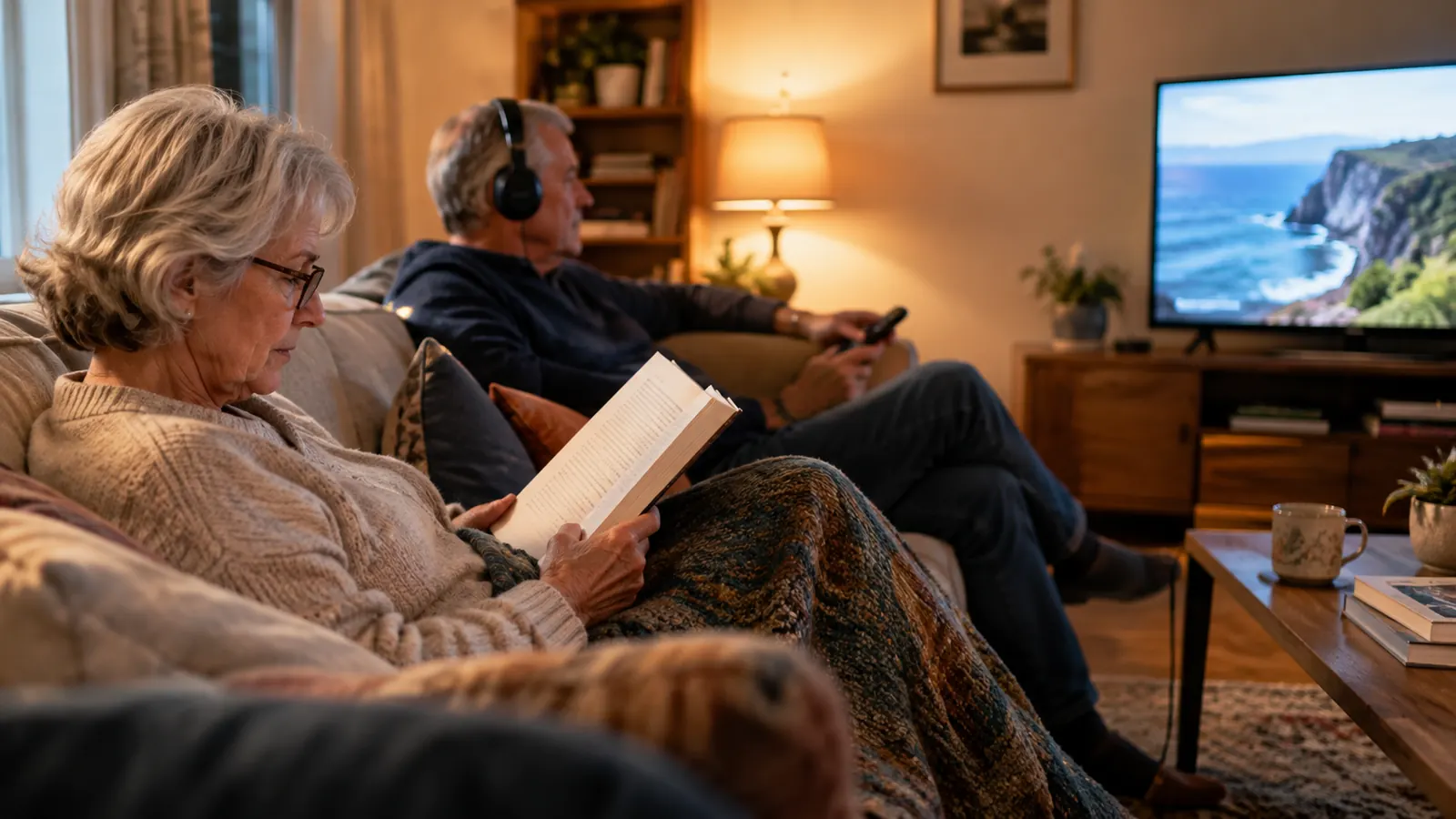 A couple in their late sixties in a living room, the man wearing a wireless headset while the woman reads a book