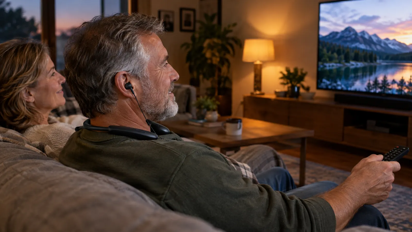 An older man wearing a wireless TV headset while sitting on a couch beside his wife, both facing the television.
