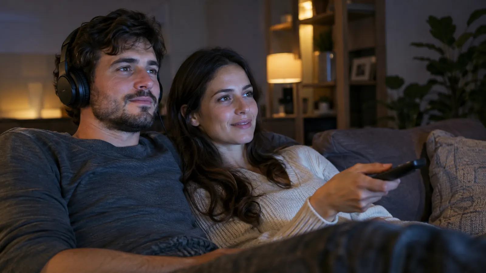 A couple sitting together on a couch in the evening, the man wearing a wireless headset, the woman holding the remote.