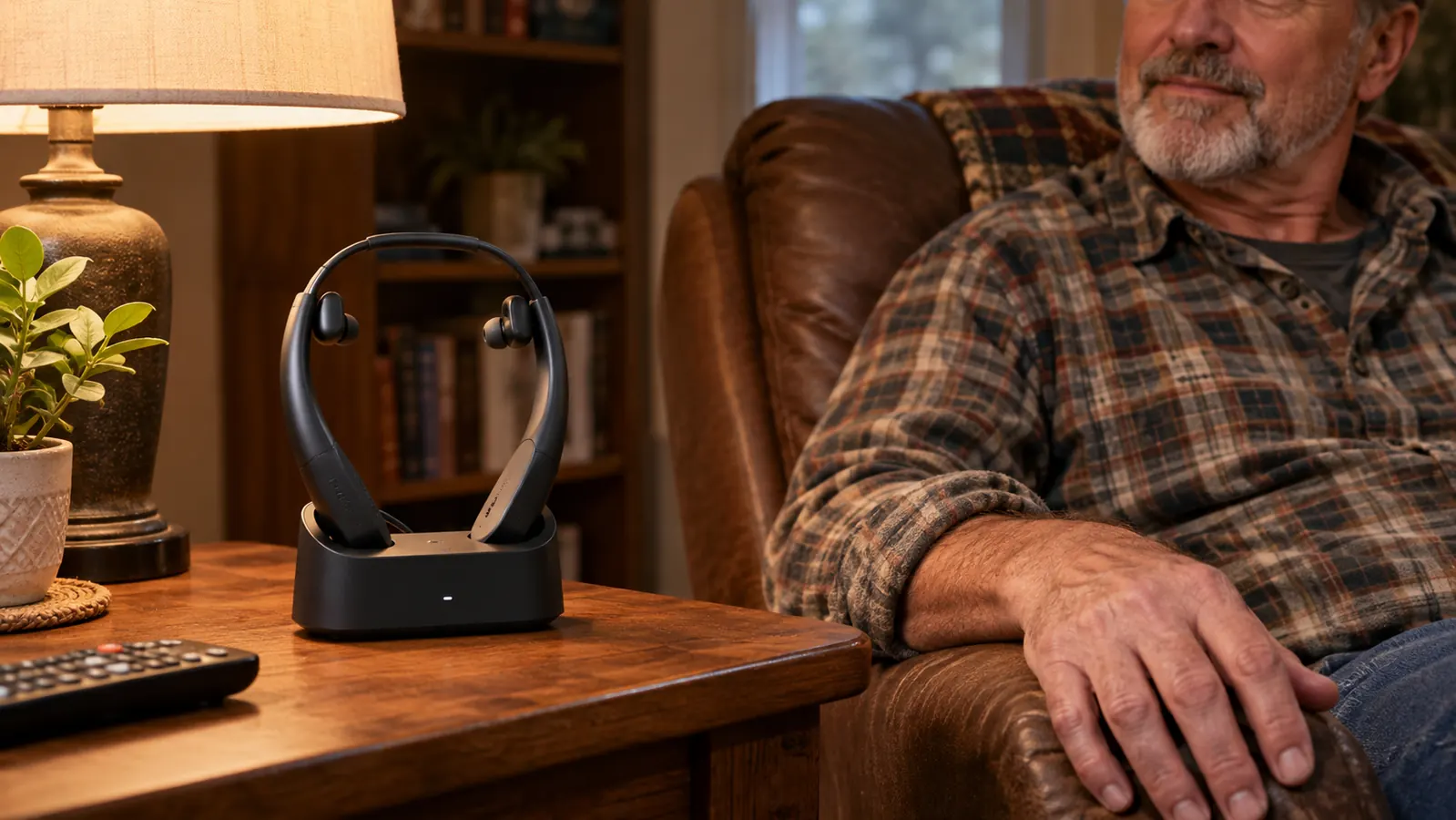 A close view of the TV Ears headset sitting in its charging base on an end table next to a recliner