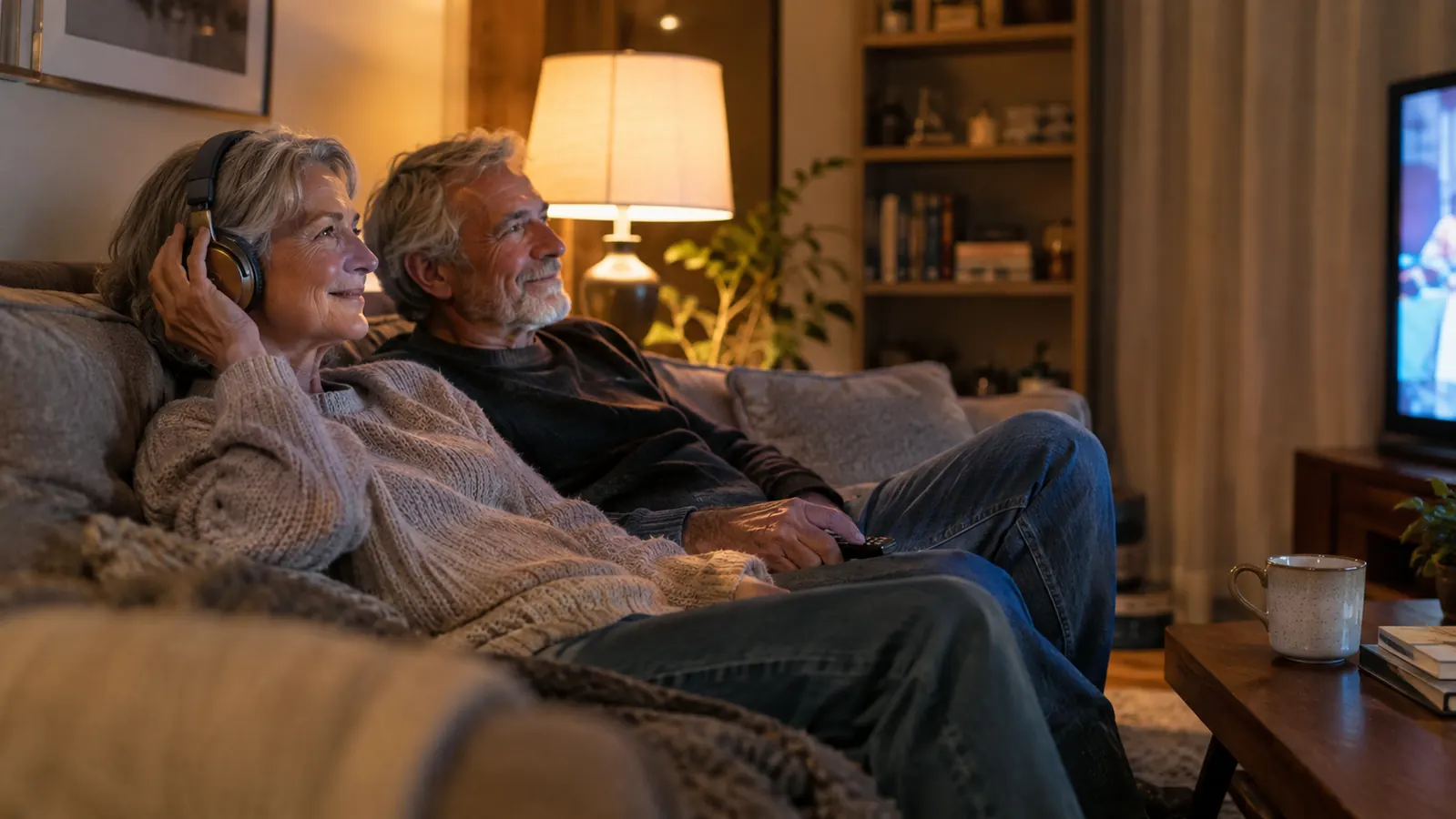 An older couple sitting together on a couch in the evening, the woman wearing wireless headphones and smiling while watching television