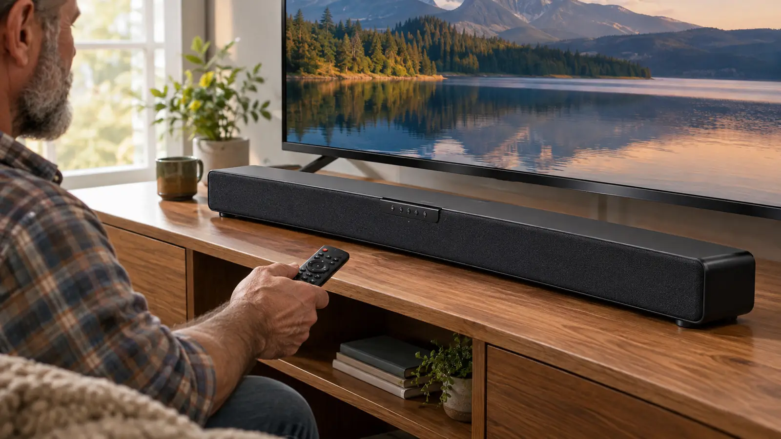 A close view of a soundbar sitting on a media stand in front of a TV, with a remote control beside it