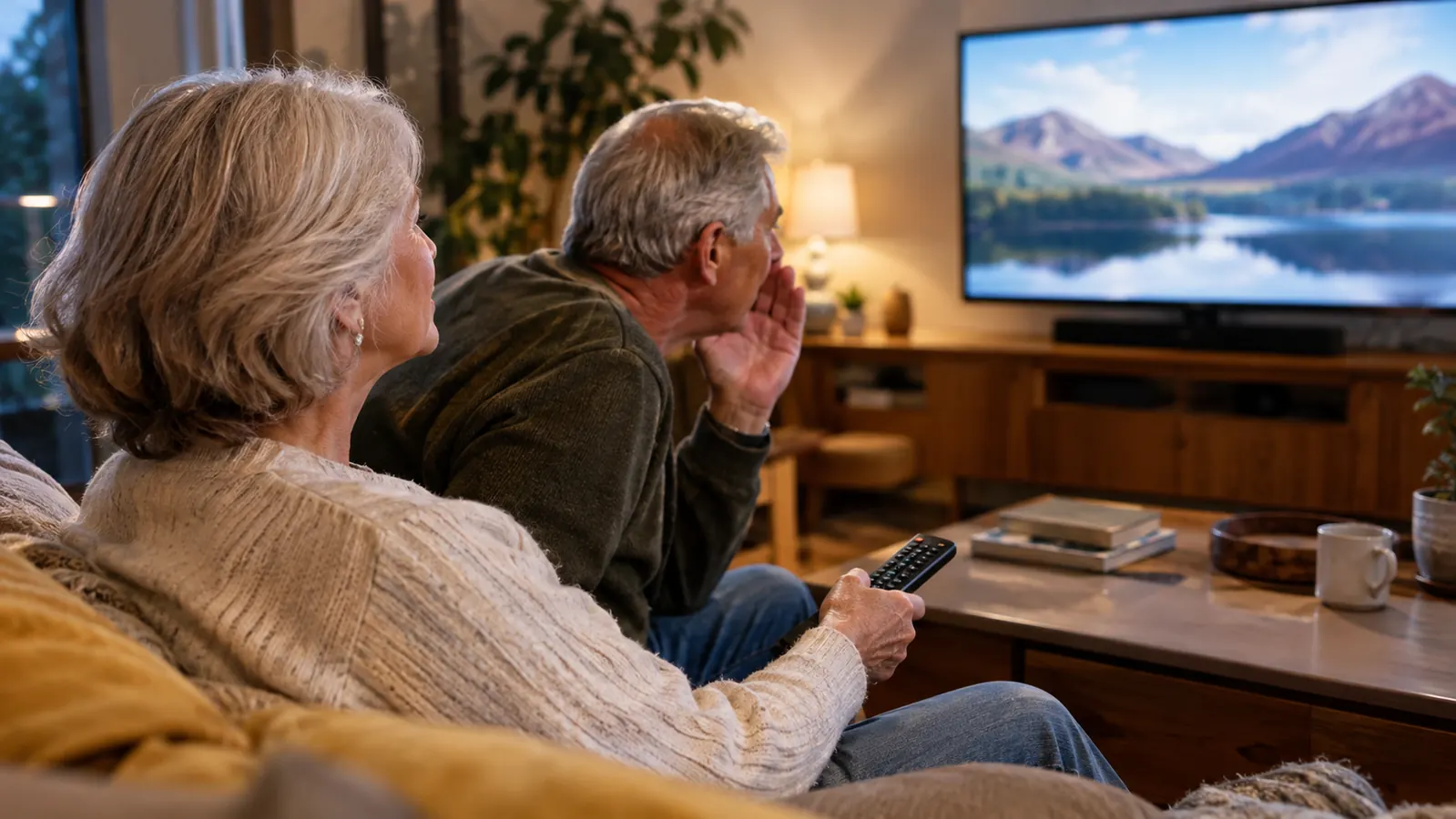 A couple relaxing on a couch in front of a TV, the woman holding the remote, the man leaning slightly forward to hear