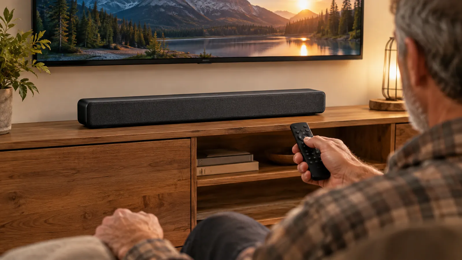 A compact soundbar on a TV stand beneath a TV, with a remote control pointed at it